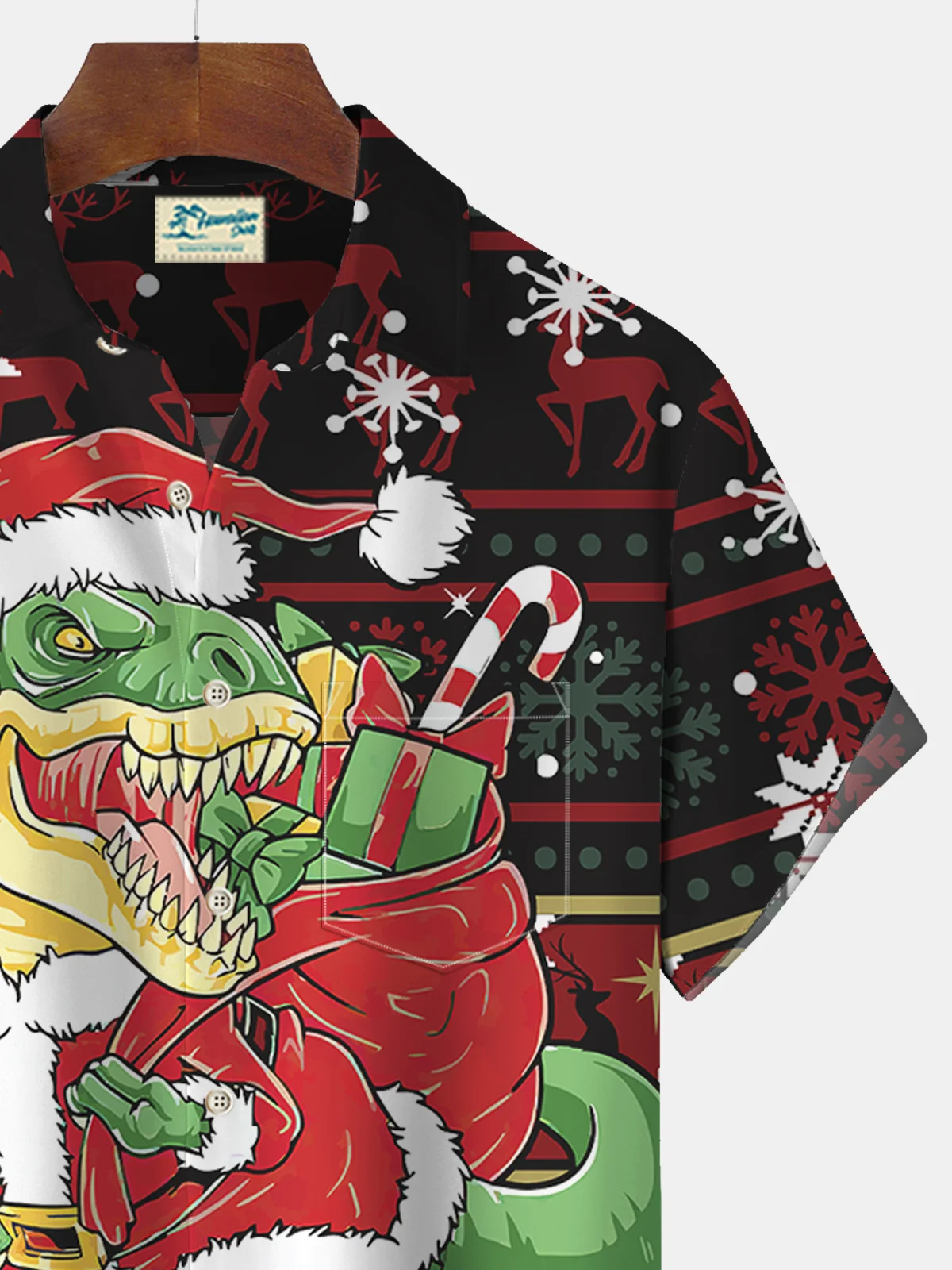 Royaura Vintage Christmas Dinosaur Print Beach Men's Hawaiian Oversized Short Sleeve Shirt with Pockets