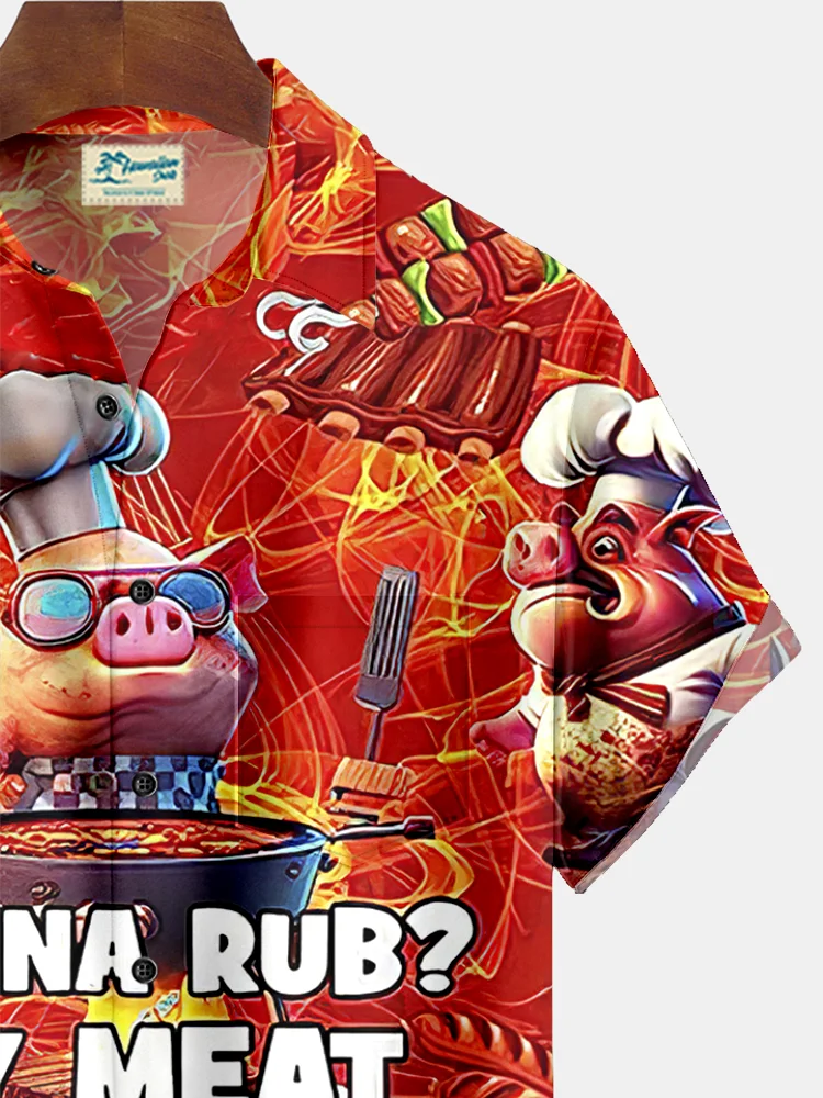 Royaura I Rub My Meat Before I Stick It in BBQ Pig Print Beach Men's Hawaiian Oversized Shirt with Pockets