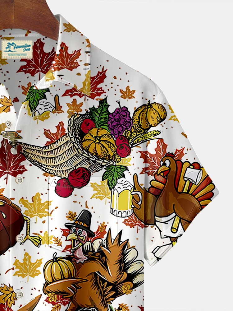 Royaura Thanksgiving Turkey Time To Get Basted Funny Beer Print  Men's Hawaiian Oversized Shirt with Pockets