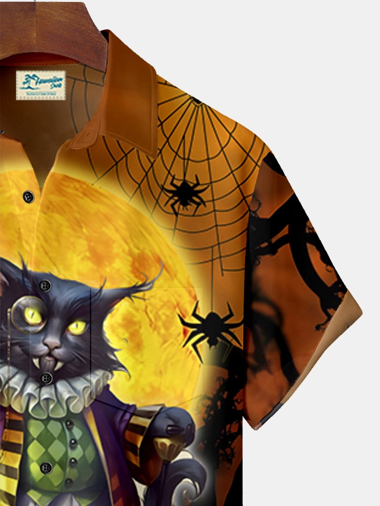 Royaura Halloween Black Cat  Print  Men's Hawaiian Oversized Shirt with Pockets