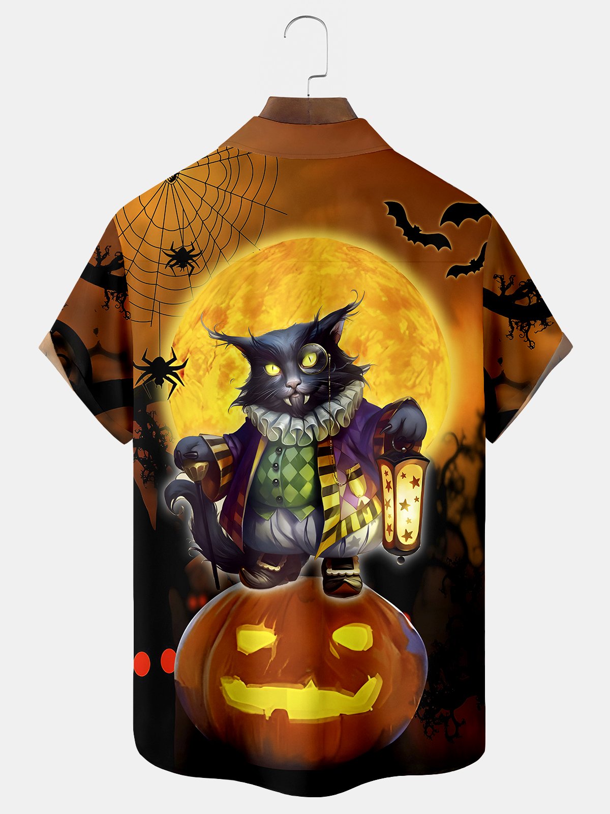 Royaura Halloween Black Cat  Print  Men's Hawaiian Oversized Shirt with Pockets