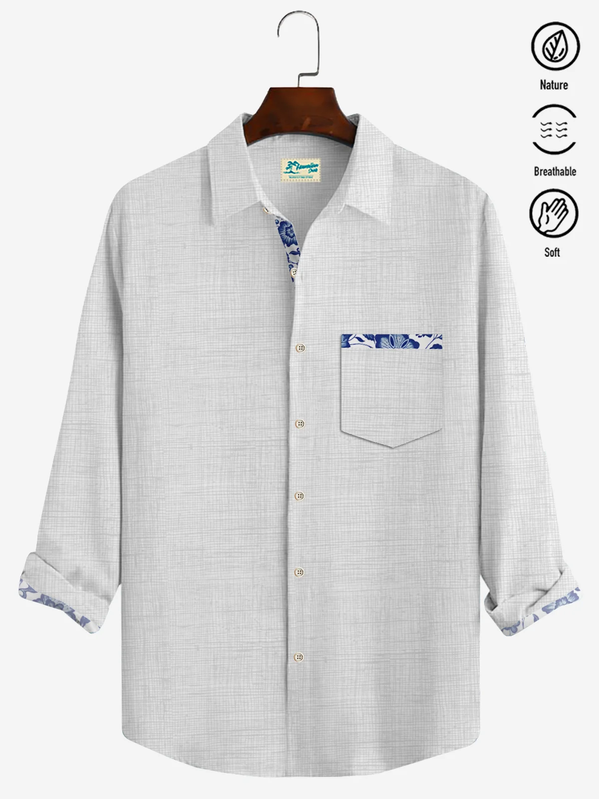Royaura Hawaiian Basics Floral Print Men's Button Pocket Long Sleeve Shirt