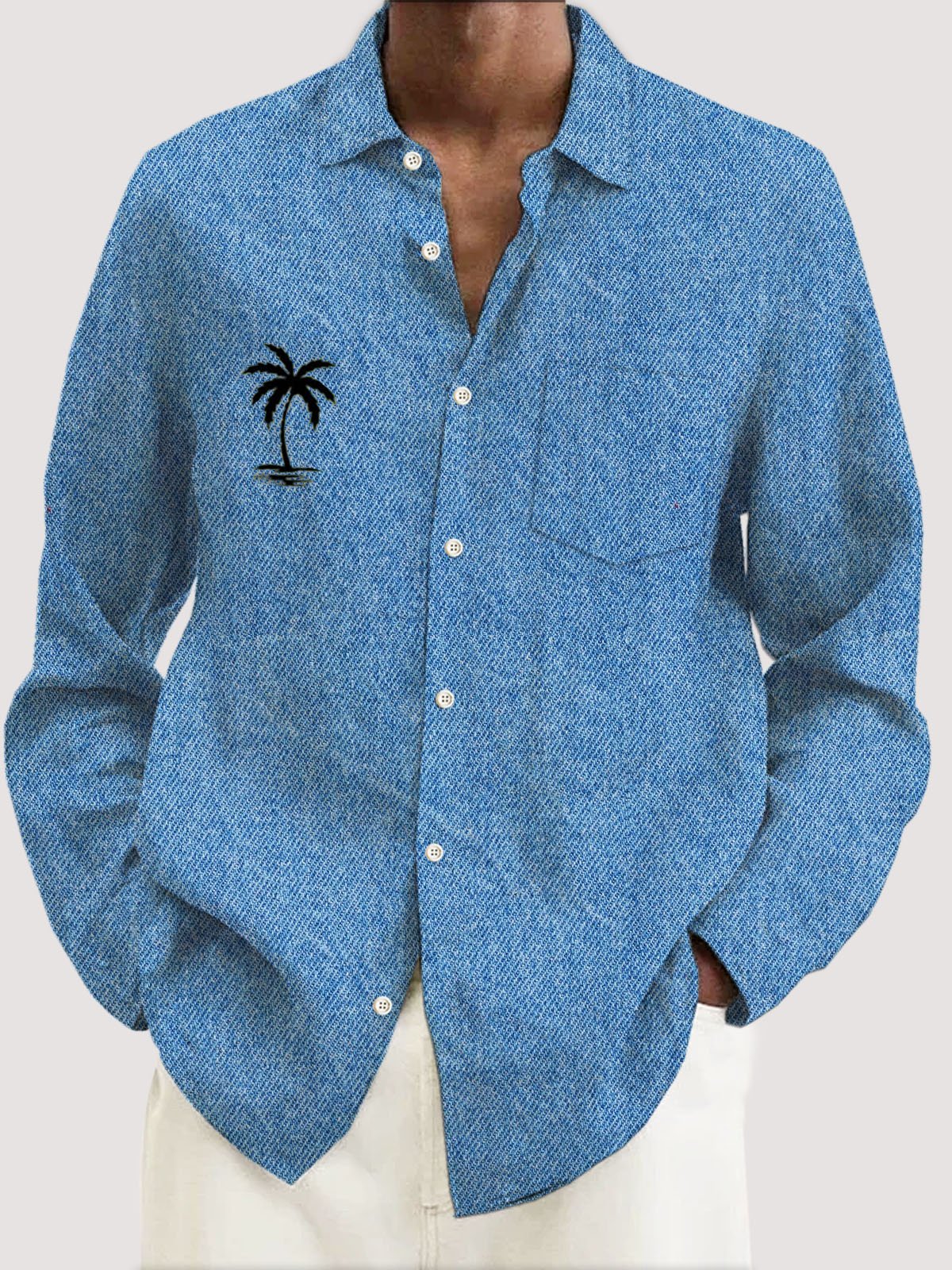 Royaura Coconut Tree Denim Textured Print Men's Button Pocket Long Sleeve Shirt