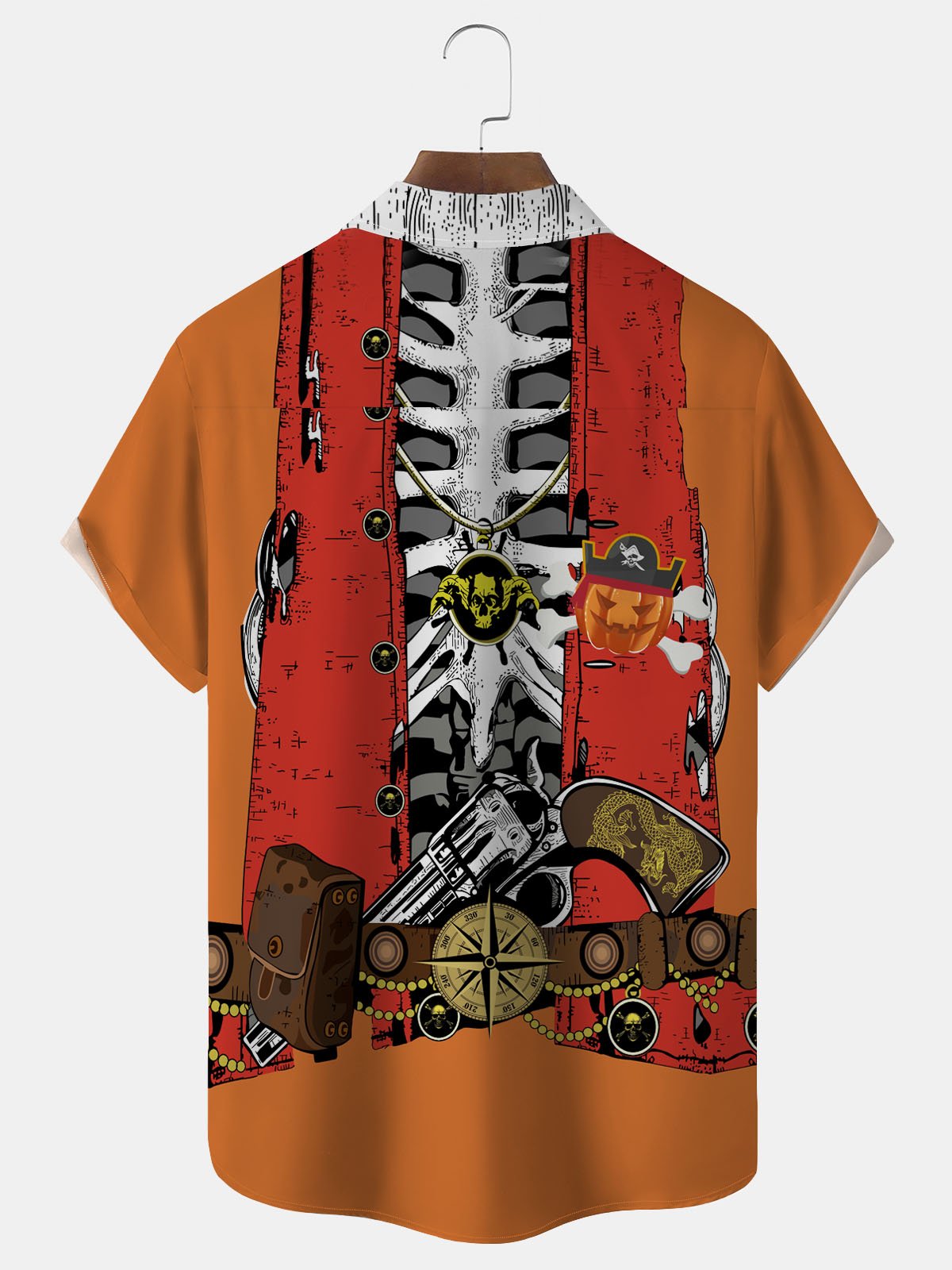 Royaura Halloween Denim Pumpkin Pirate Vintage Print Men's Button Pocket Short Sleeve Shirt