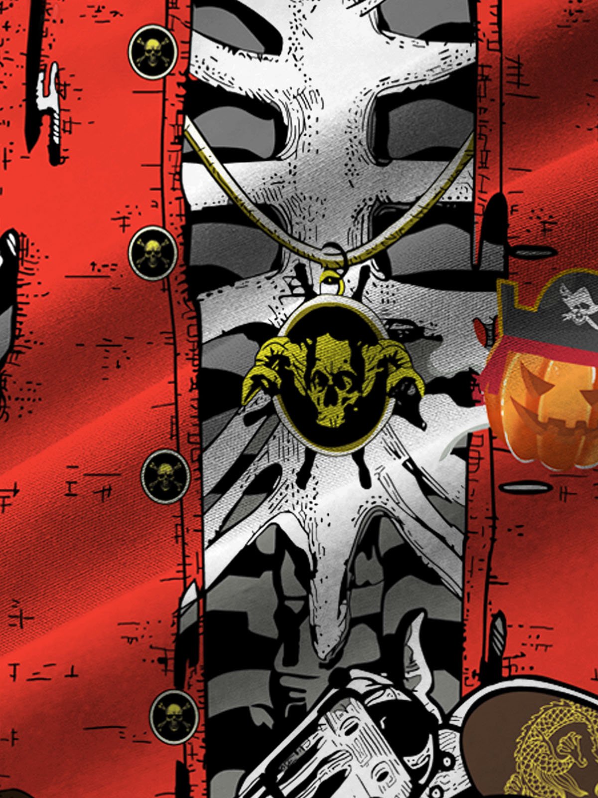 Royaura Halloween Denim Pumpkin Pirate Vintage Print Men's Button Pocket Short Sleeve Shirt