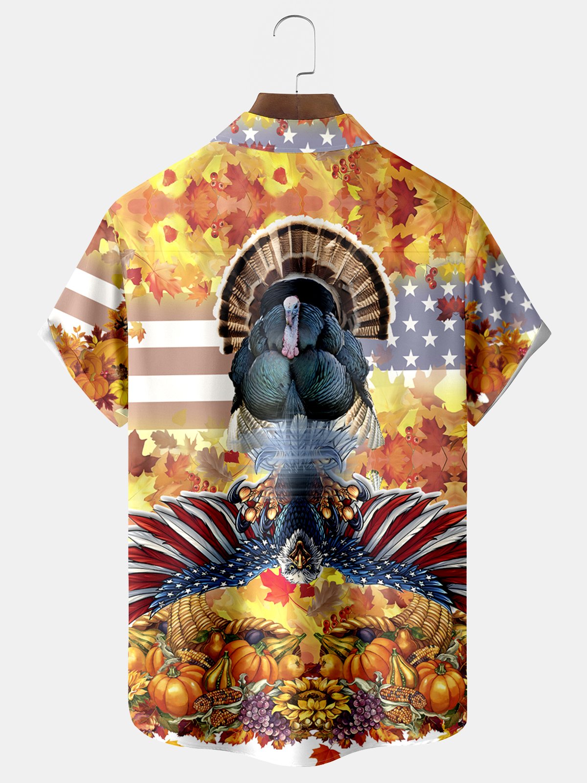 Royaura Thanksgiving Pumpkin Turkey Print Men's Hawaiian Oversized Shirt with Pockets