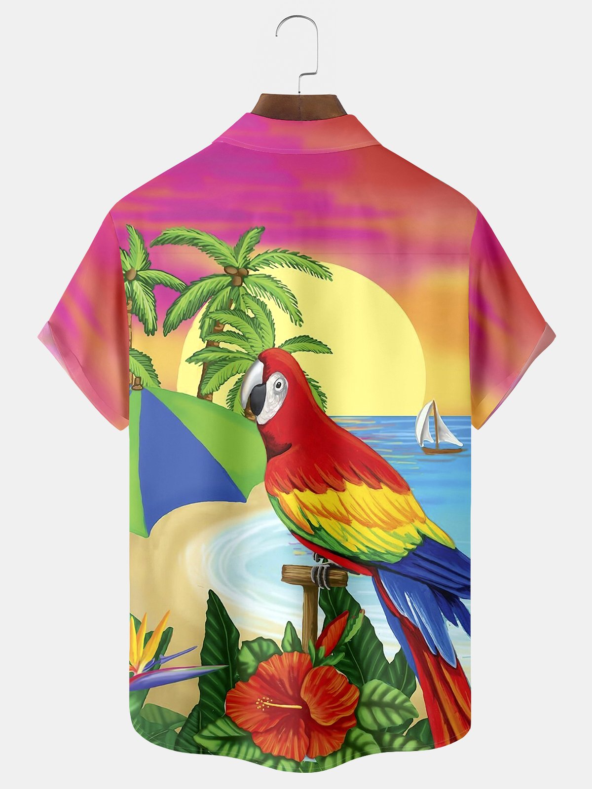 Royaura Parrot Coconut Tree Beach Print Men's Hawaiian Oversized Shirt with Pockets