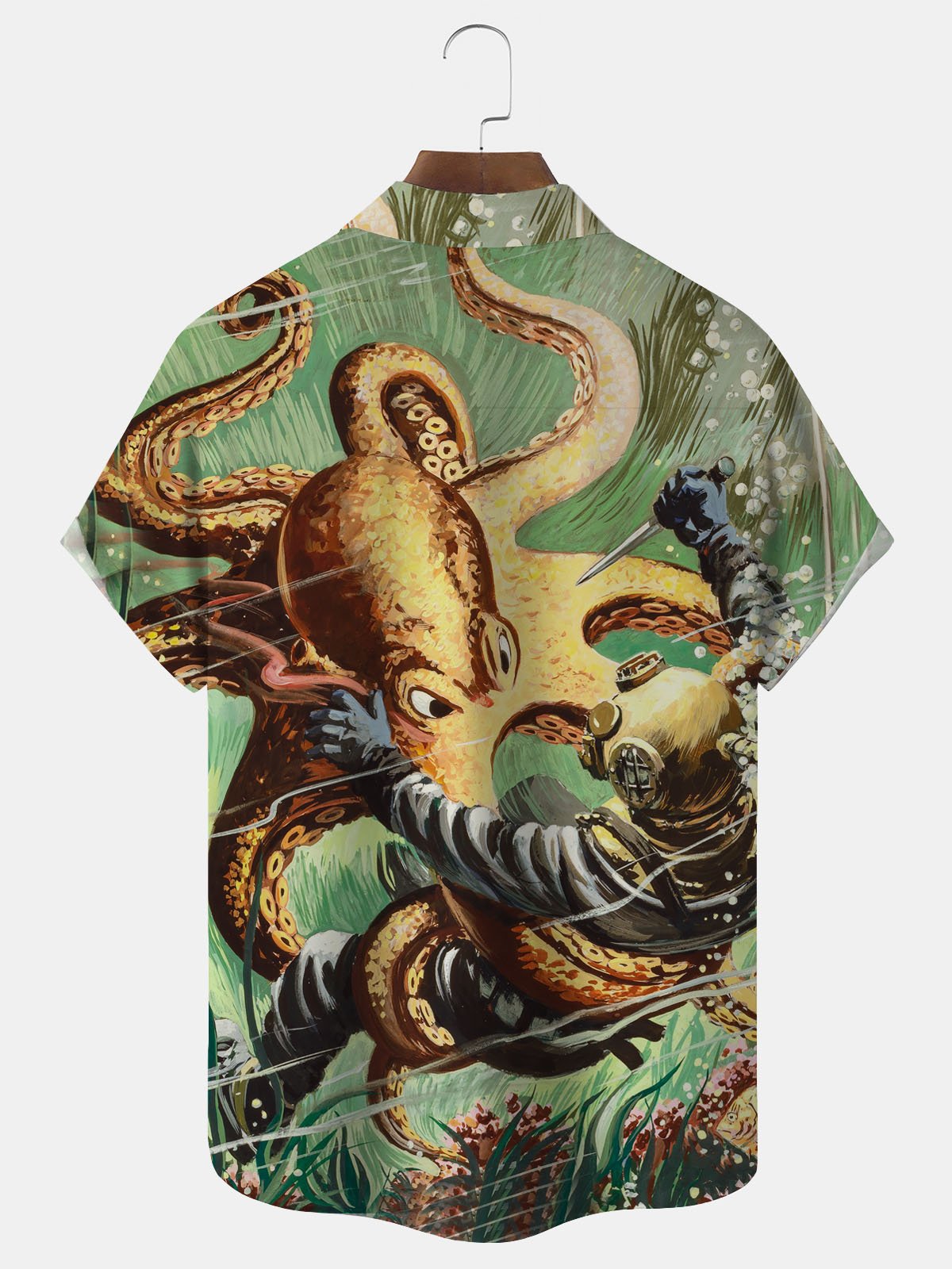 Royaura Vintage Octopus War Print Men's Button Pocket Short Sleeve Shirt