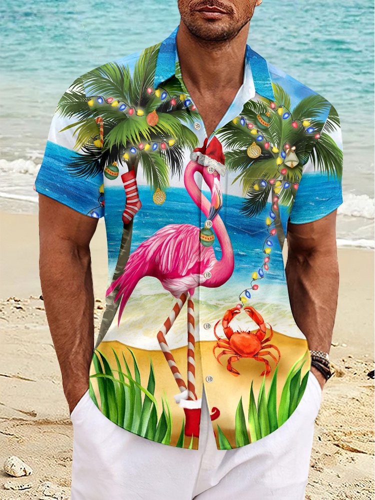 Royaura Christmas Lights Flamingo Coconut Tree Print Beach Men's Hawaiian Oversized Shirt with Pockets