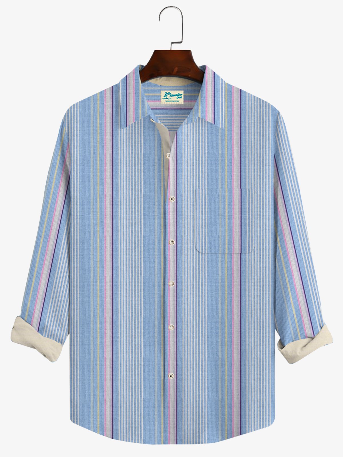 Royaura Beach Vacation Stripe Light Blue Men's Casual Long Sleeve Shirts Stretch Plus Size Aloha Camp Pocket Shirts