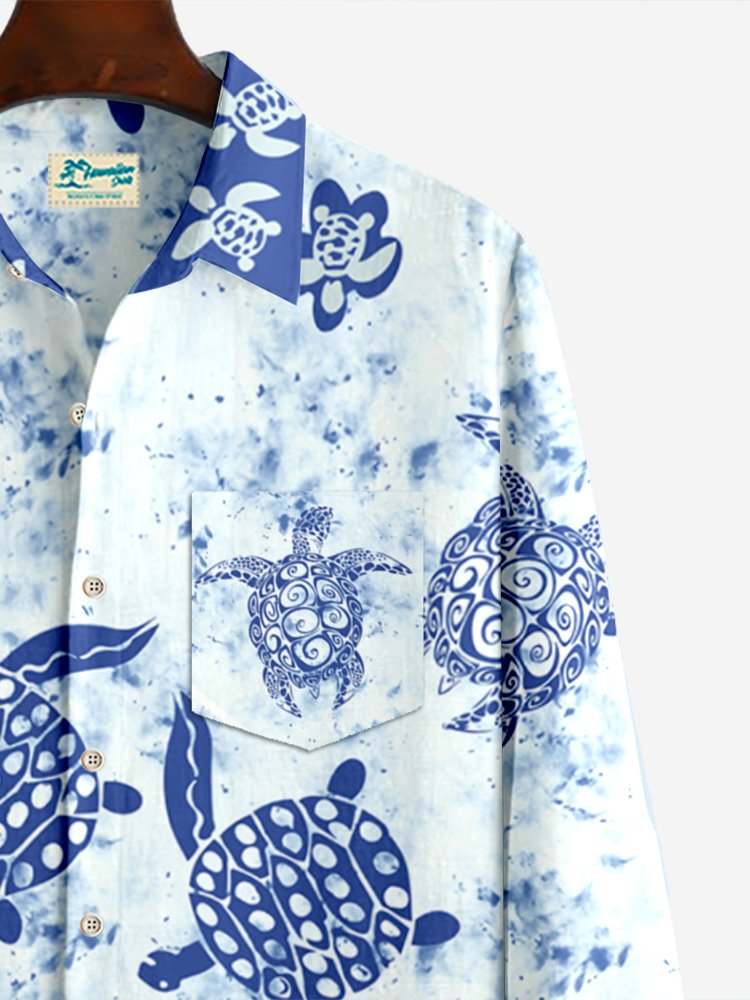 Men's Tie Dye Turtle Print Beach Hawaii Long Sleeve Shirt