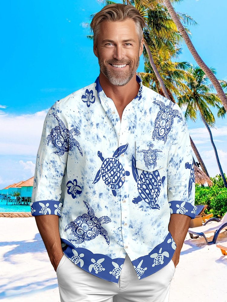 Men's Tie Dye Turtle Print Beach Hawaii Long Sleeve Shirt