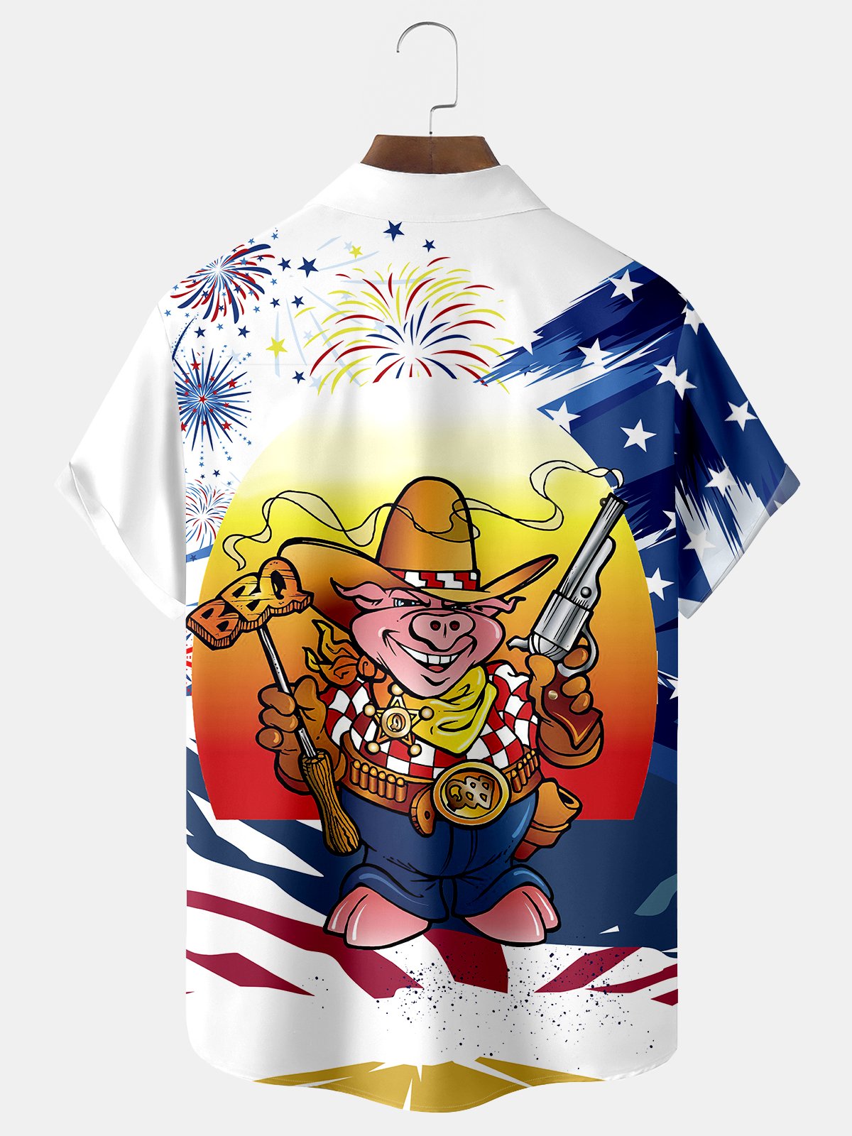 Royaura Flag Western Cowboy Bbq Pig Print  Men's Hawaiian Oversized Shirt with Pockets