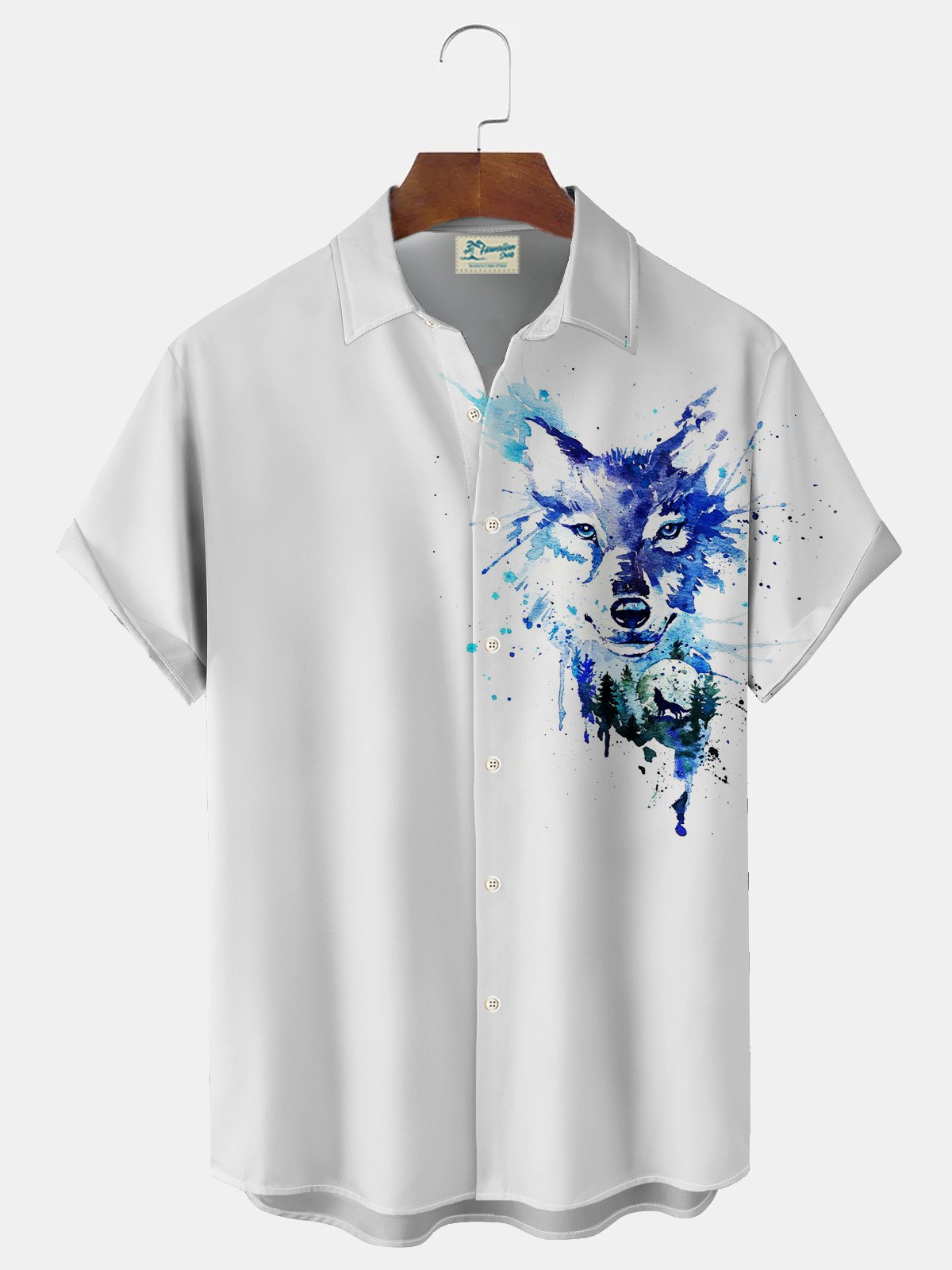 Royaura Hawaiian Wolf Print Men's Button Pocket Short Sleeve Shirt