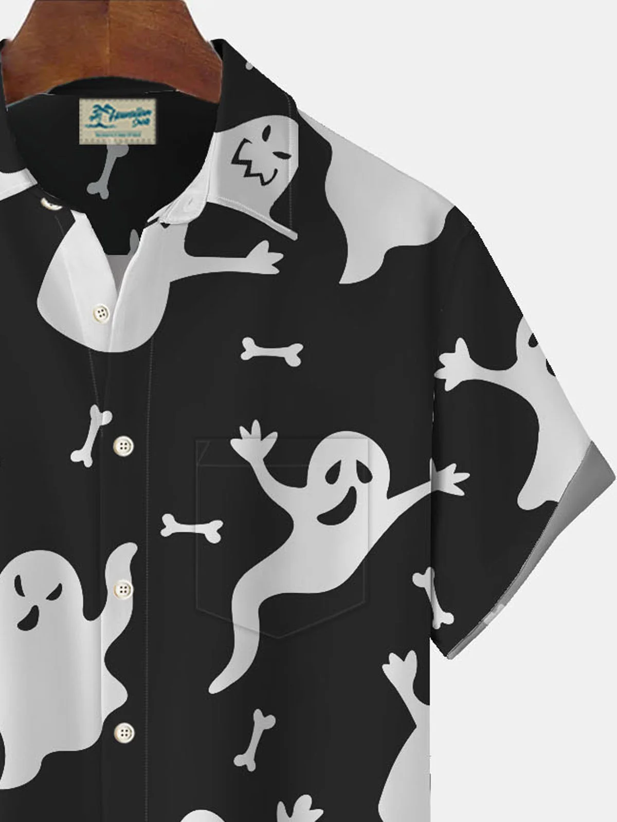 Royaura Halloween Ghost Print Men's Button Pocket Short Sleeve Shirt
