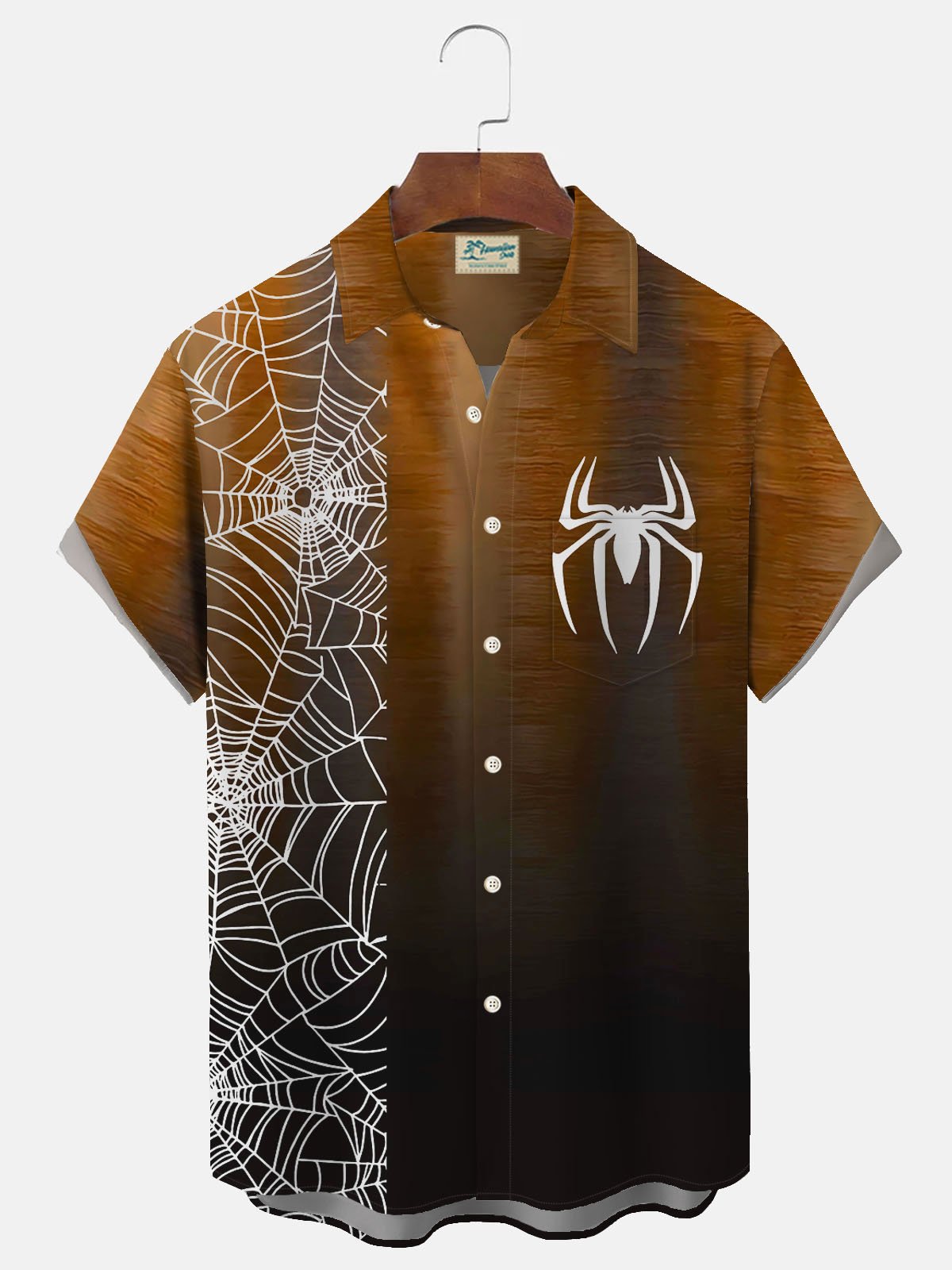 Royaura Halloween Gradient Spider Web Print Men's Button Pocket Short Sleeve Shirt