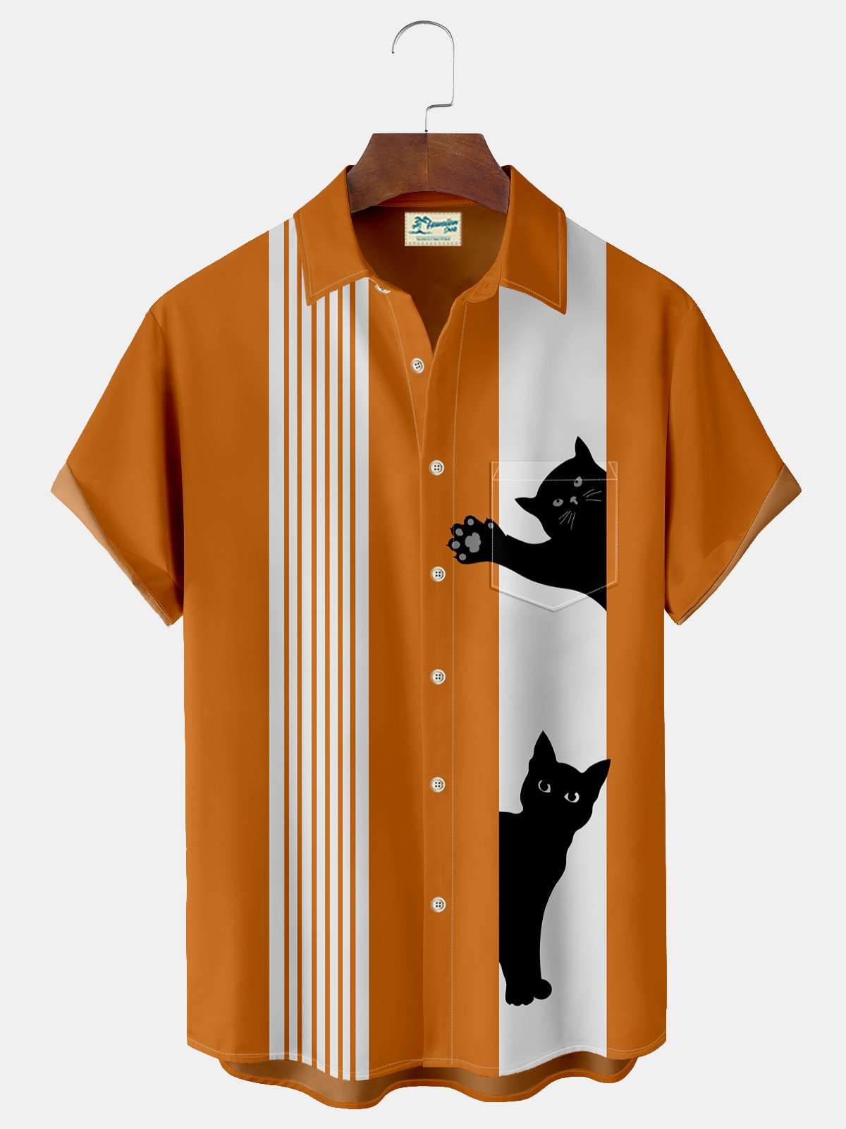 Royaura Halloween Cat Print Men's Bowling Shirt with Pockets