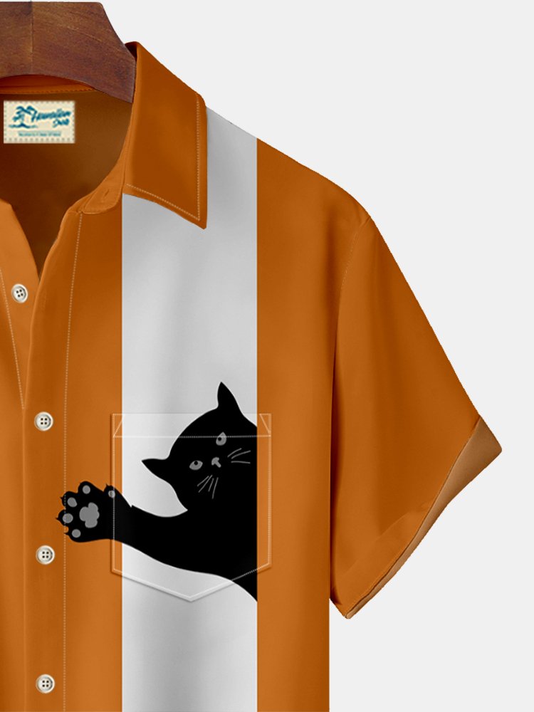 Royaura Halloween Cat Print Men's Bowling Shirt with Pockets