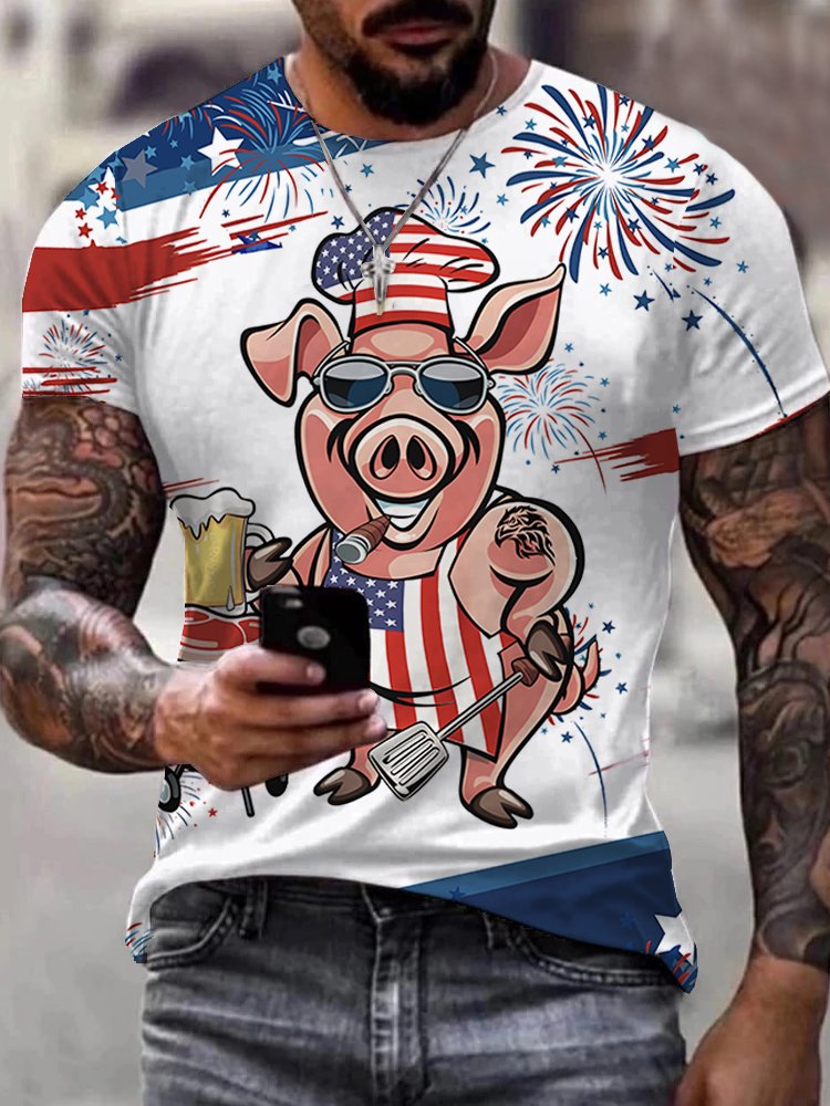 Royaura Pig American Flag BBQ Print Beach Men's Hawaiian Oversized Short Sleeve T-Shirt