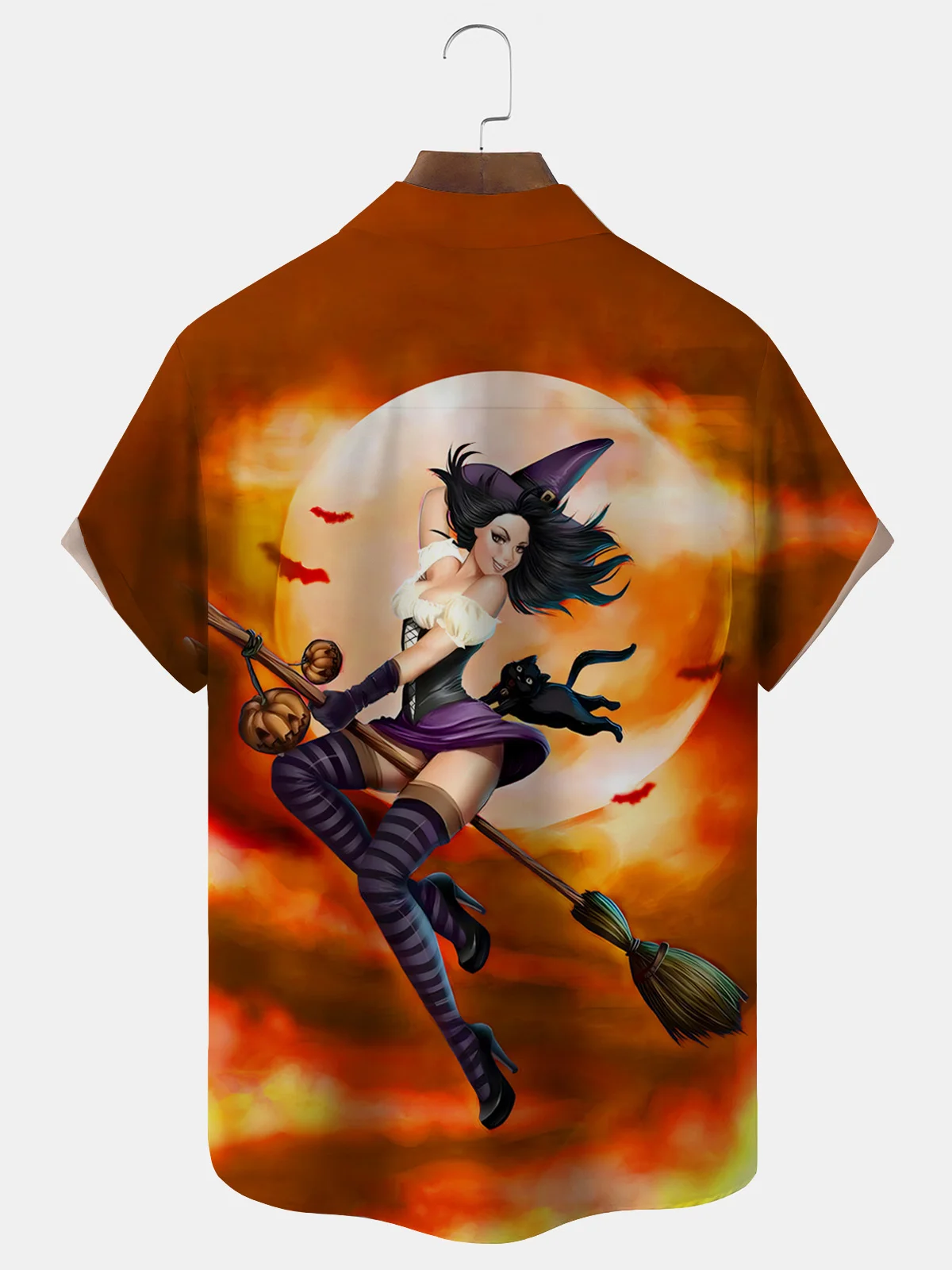 Royaura Halloween Witch's Broom Print Men's Button Pocket Short Sleeve Shirt