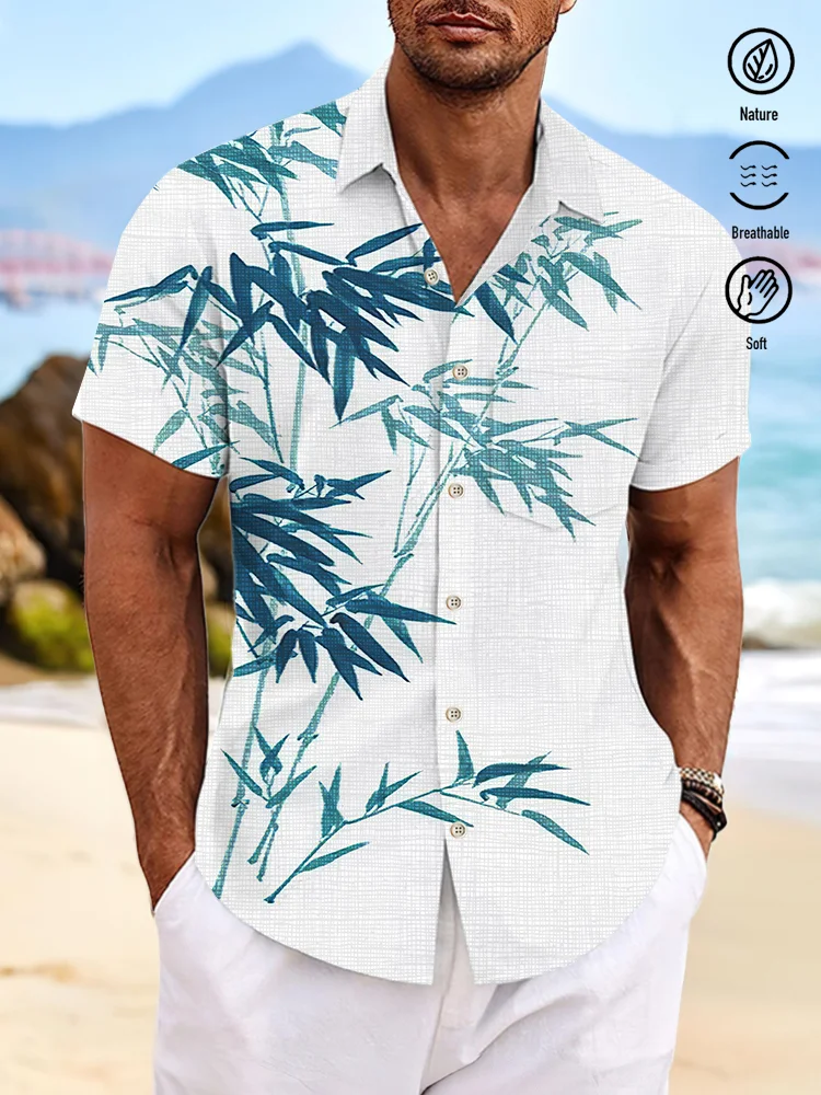 Royaura Bamboo Print Beach Men's Hawaiian Oversized Short Sleeve Shirt with Pockets