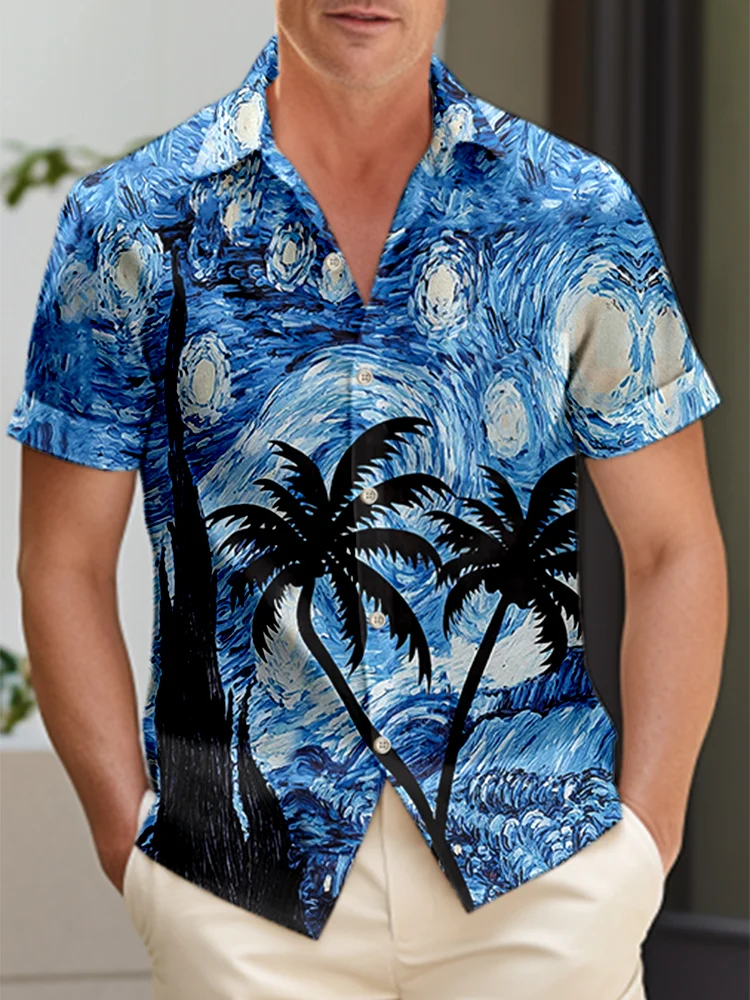 Royaura Art Star Coconut Tree Print  Men's Hawaiian Oversized Shirt with Pockets