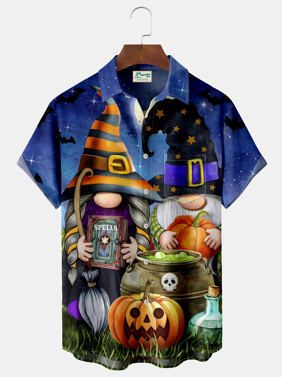 Royaura Halloween Gnomes Print Men's Hawaiian Oversized Shirt with Pockets