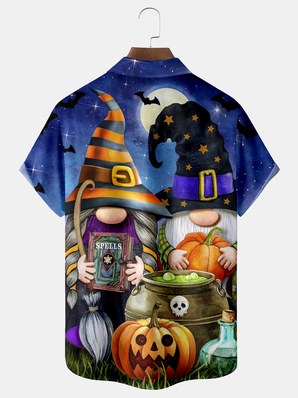 Royaura Halloween Gnomes Print Men's Hawaiian Oversized Shirt with Pockets