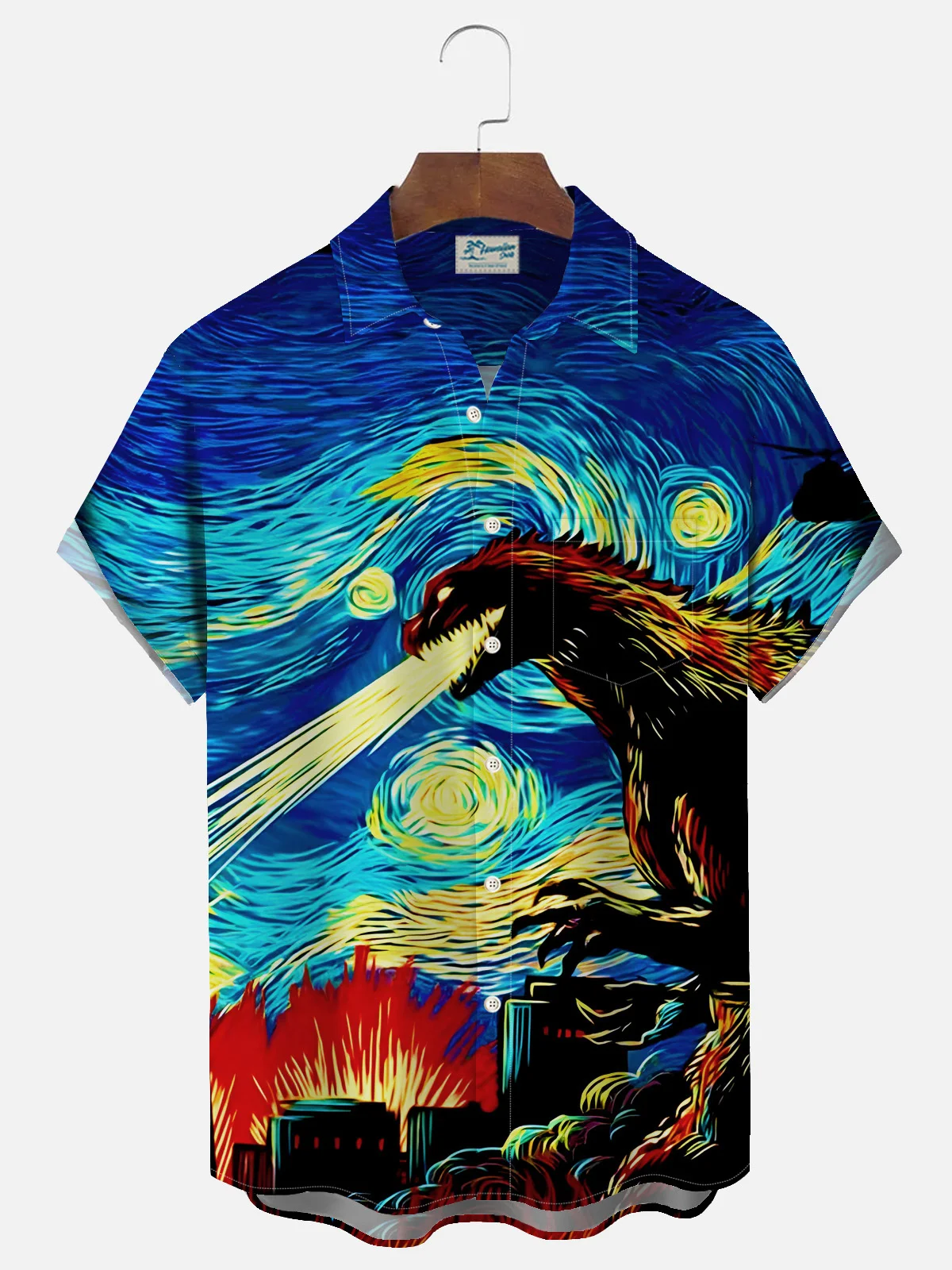 Royaura Artistic Oil Painting Monster Print Men's Button Pocket Short Sleeve Shirt