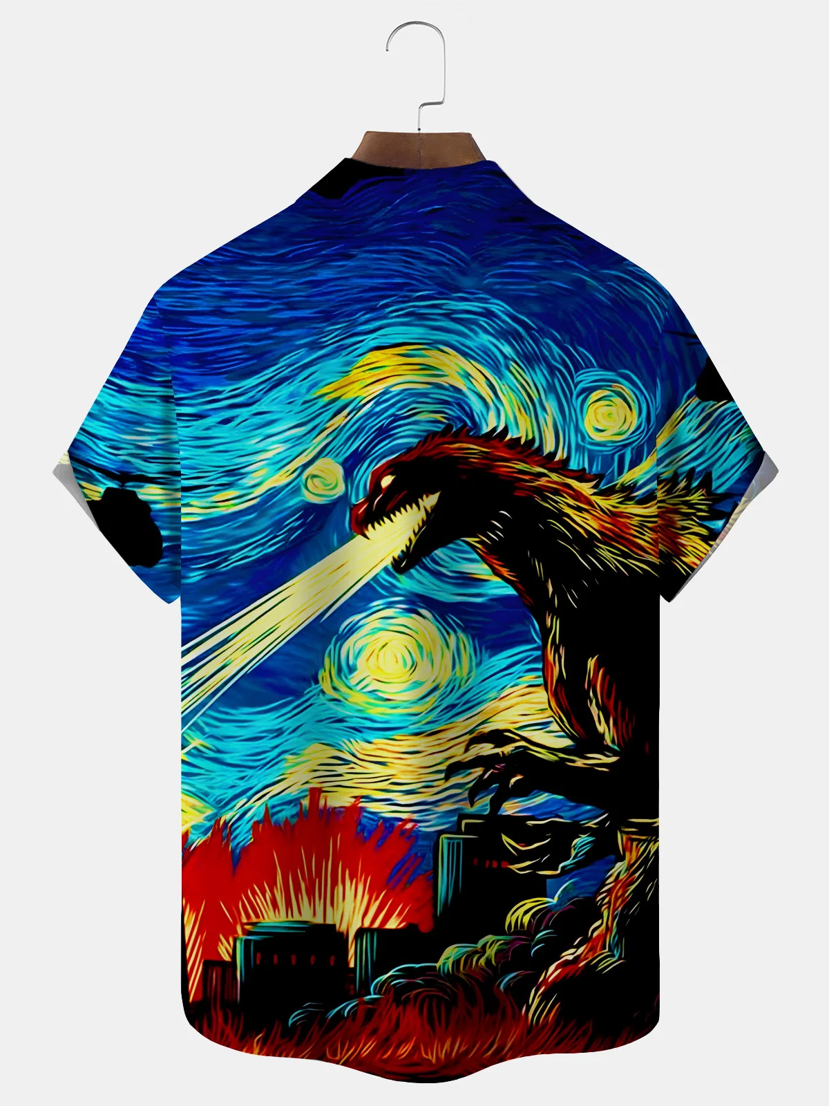 Royaura Artistic Oil Painting Monster Print Men's Button Pocket Short Sleeve Shirt