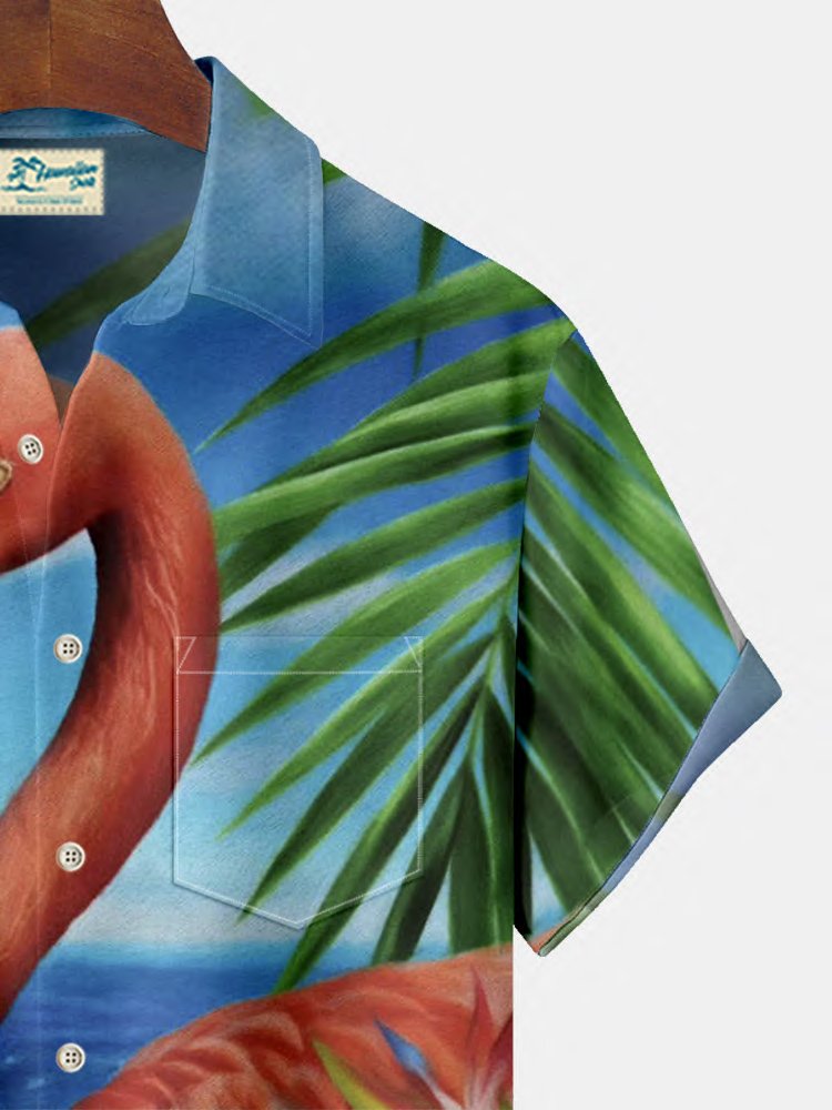 Royaura Flamingo Coconut Tree Print Beach Men's Hawaiian Oversized Shirt with Pockets