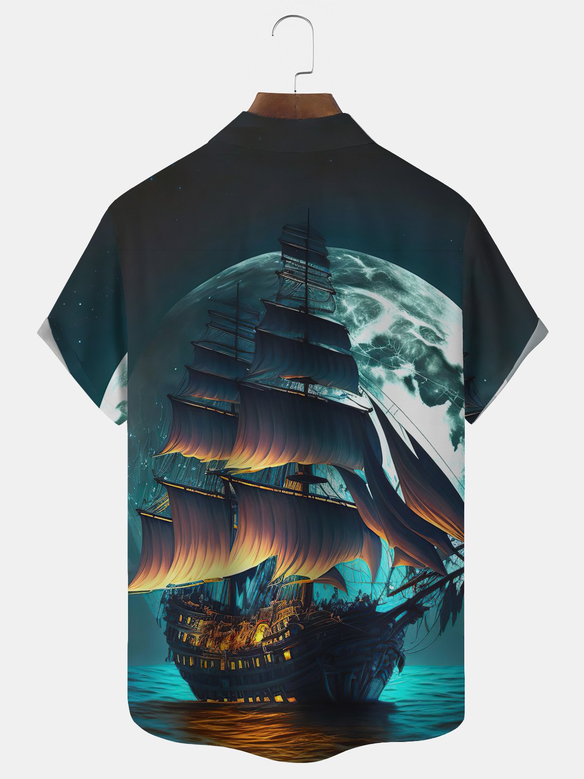 Royaura Vintage Nautical Pirate Print Men's Button Pocket Short Sleeve Shirt