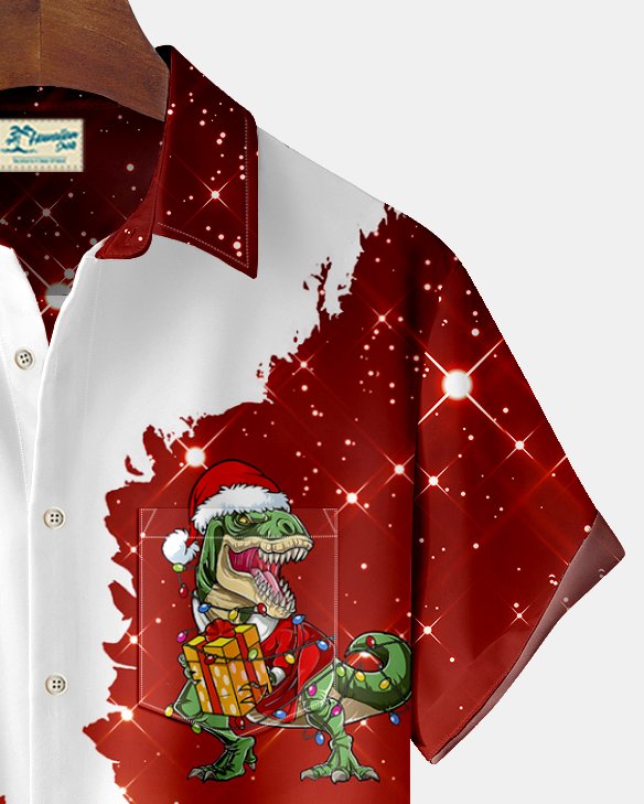 Royaura Santa lantern dinosaur Print Men's Hawaiian Oversized Shirt with Pockets