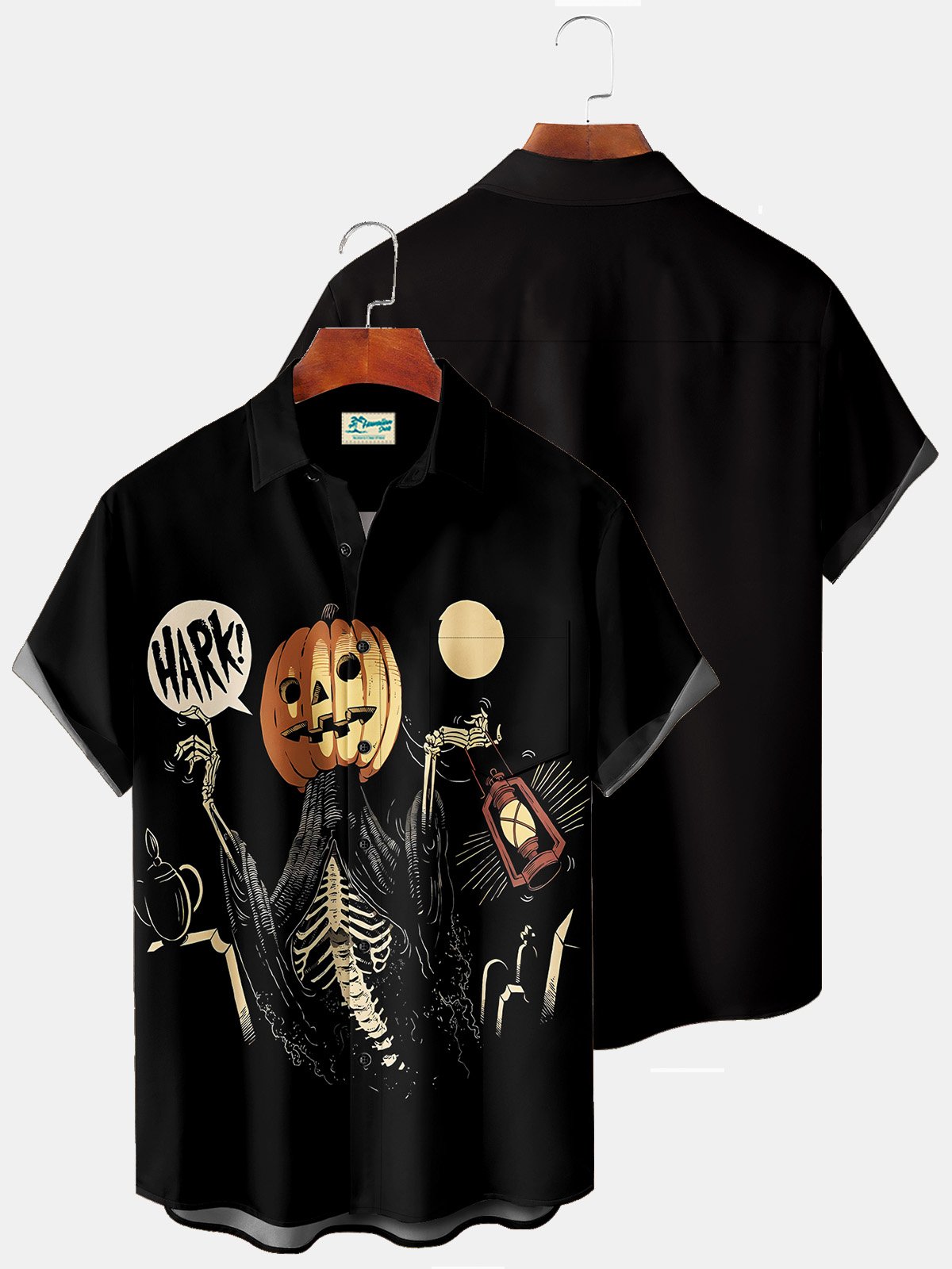 Royaura Horror Halloween Black Men's Hawaiian Shirts Pumpkin Monster Stretch Plus Size Aloha Camp Button-Down Shirts