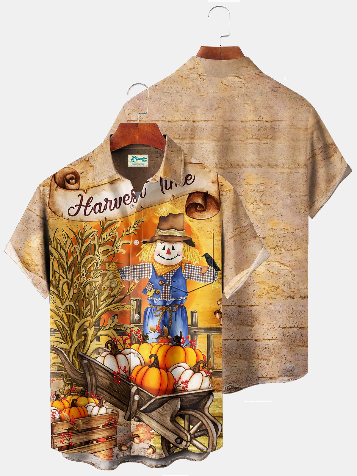 Royaura Thanksgiving Scarecrow Khaki Men's Hawaiian Shirts Stretch Plus Size Aloha Camp Button Shirts