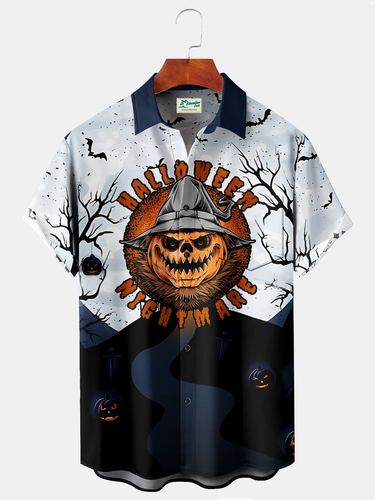 Royaura Halloween White Men's Hawaiian Shirts Pumpkin Monster Bat Stretch Plus Size Aloha Camp Button-Down Shirts