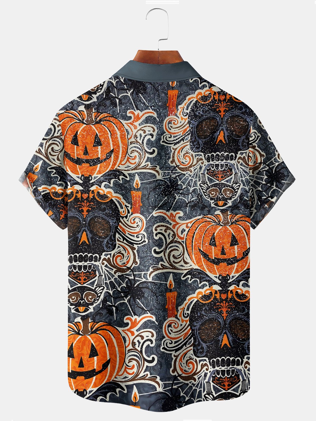 Royaura Halloween Holiday Black Men's Hawaiian Shirt Bat Pumpkin Cartoon Stretch Plus Size Aloha Camp Shirts