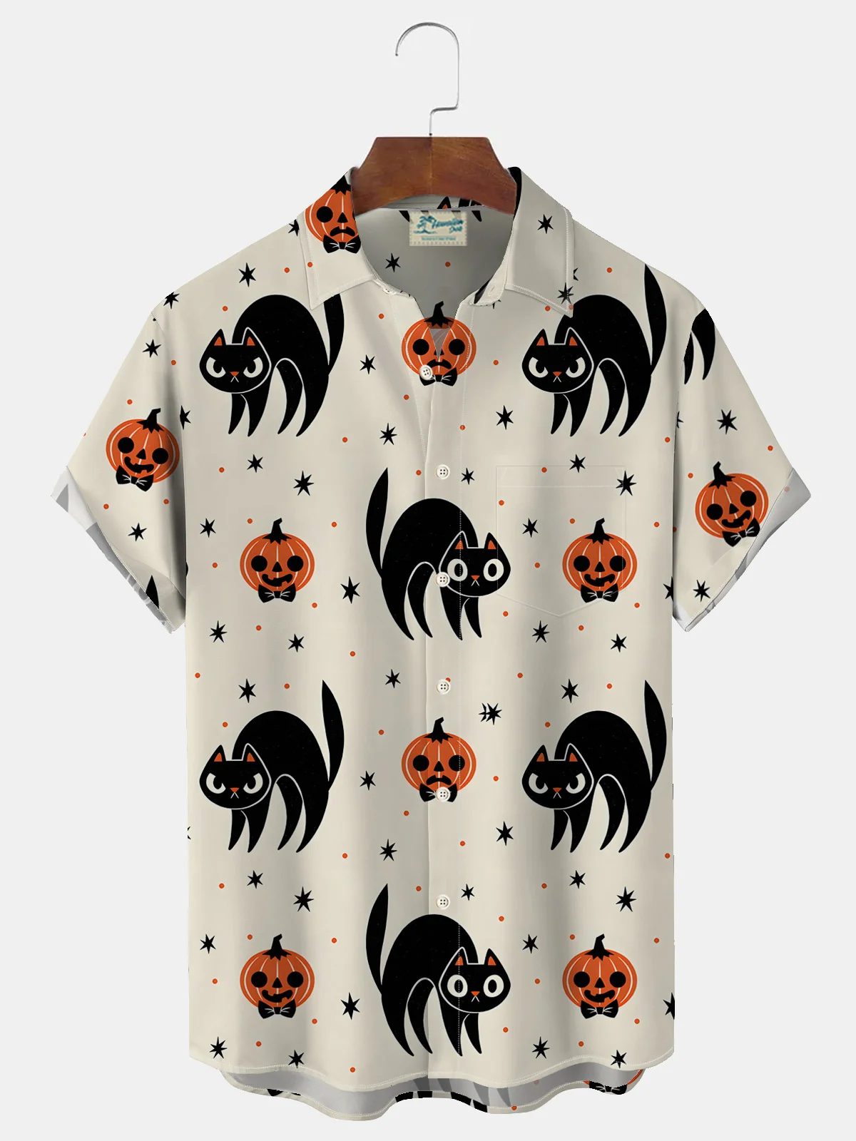 Royaura Halloween Pumpkin Ghost Print Men's Button Pocket Short Sleeve Shirt