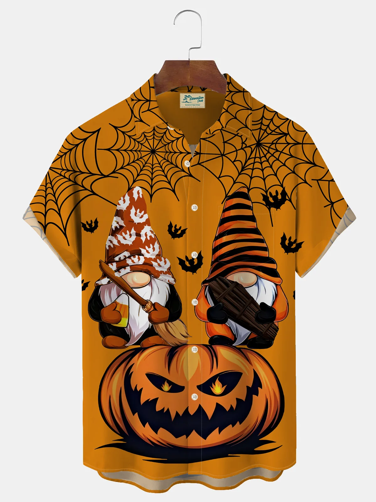 Royaura Halloween Pumpkin Gnome Spider Web Print Men's Button Pocket Short Sleeve Shirt