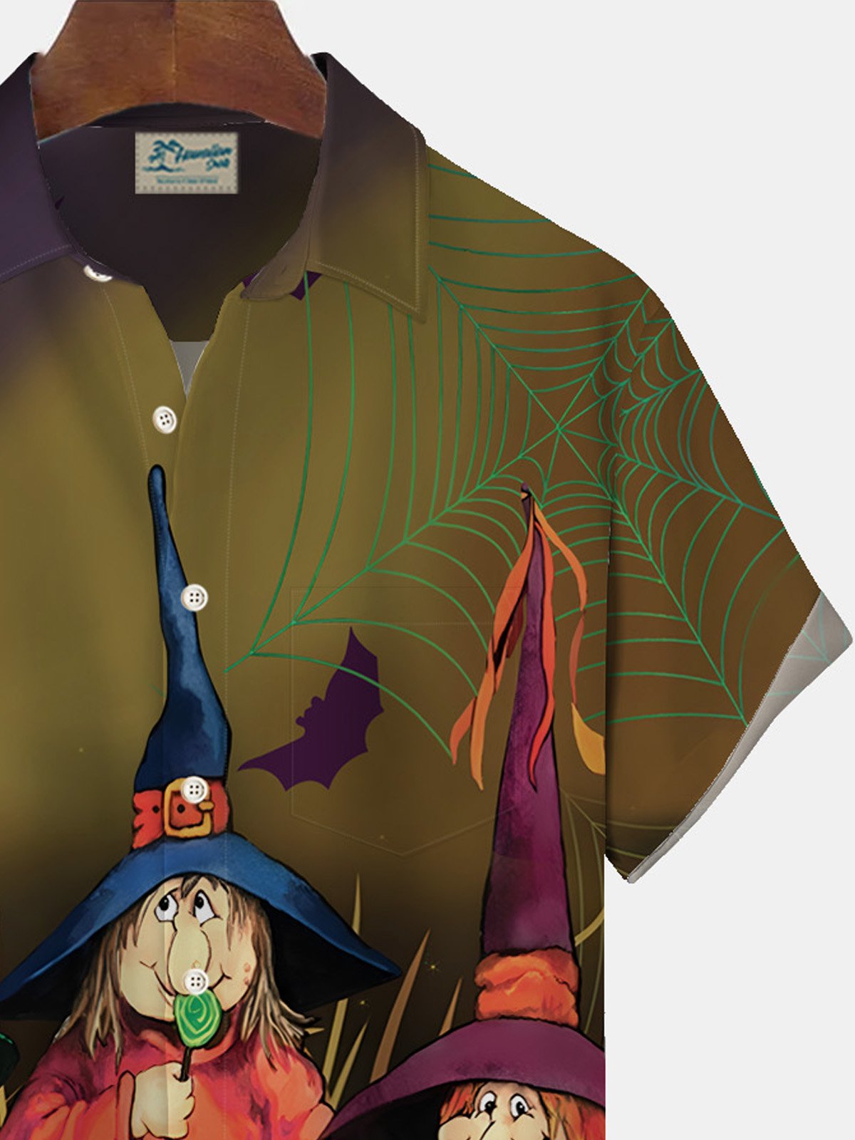 Royaura Halloween Witch Print Men's Button Pocket Short Sleeve Shirt