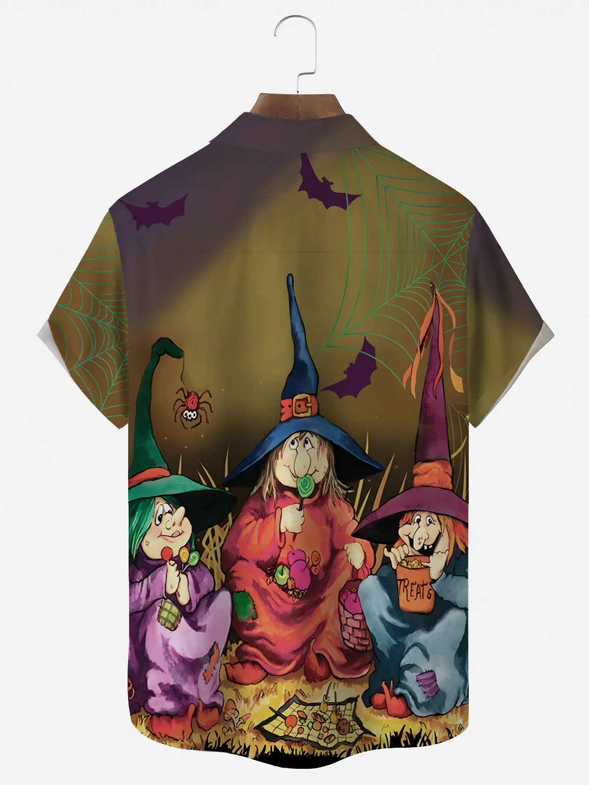 Royaura Halloween Witch Print Men's Button Pocket Short Sleeve Shirt