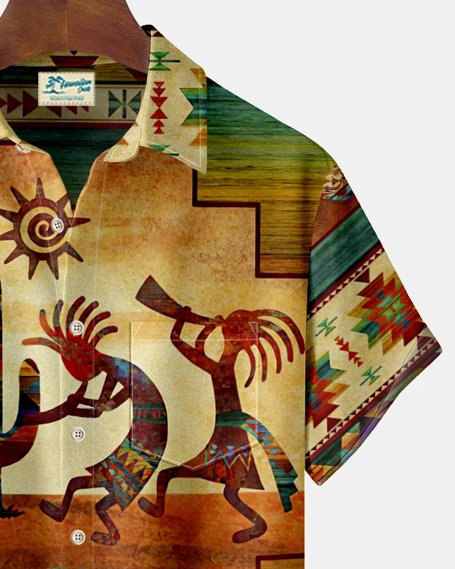 Royaura Vintage Aztec Print Men's Hawaiian Oversized Shirt with Pockets