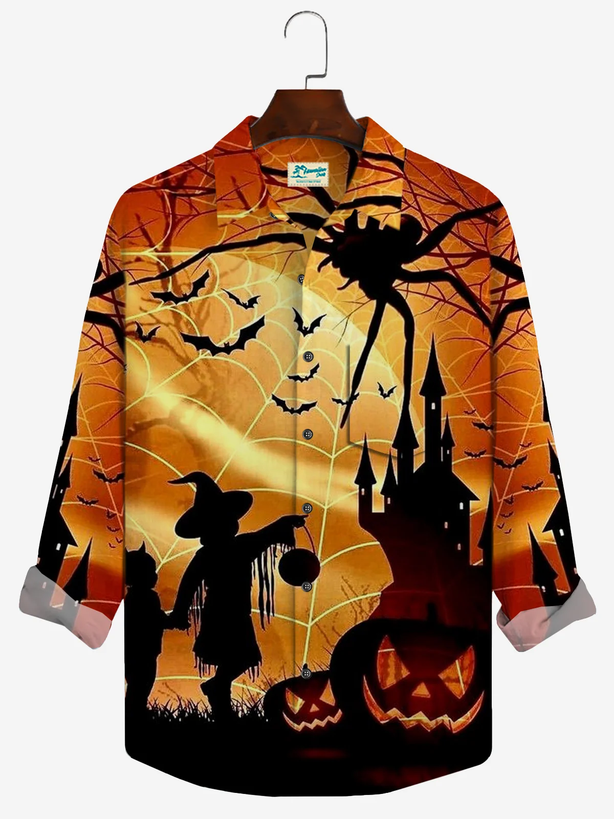 Royaura Vintage Halloween Print Beach Men's Hawaiian Oversized Long Sleeve Shirt with Pockets