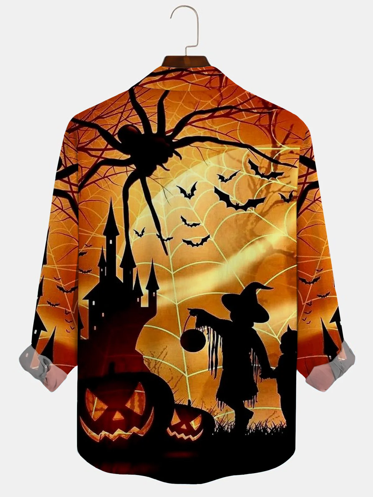 Royaura Vintage Halloween Print Beach Men's Hawaiian Oversized Long Sleeve Shirt with Pockets