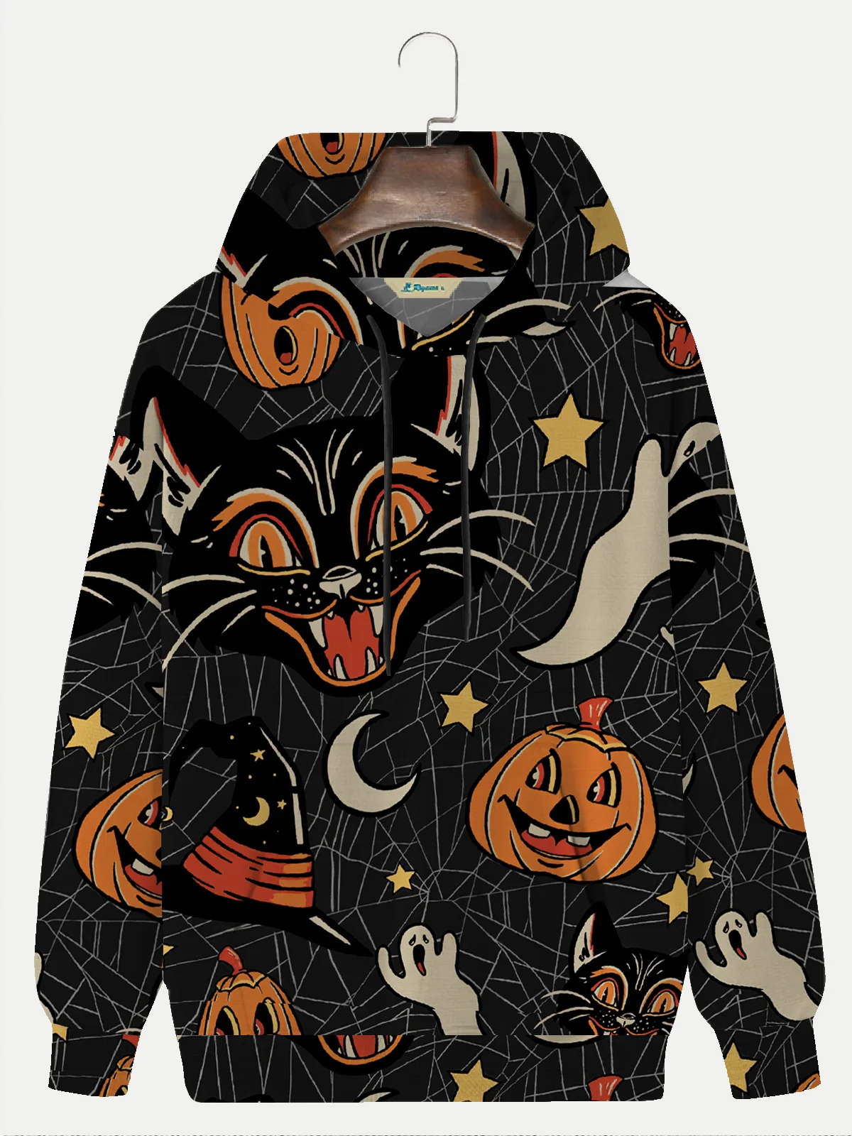 Royaura Halloween Cartoon Men's Black Hoodies Black Cat Spider Pumpkin Spooky Fun Plus Size Knit Pullover Sweatshirts