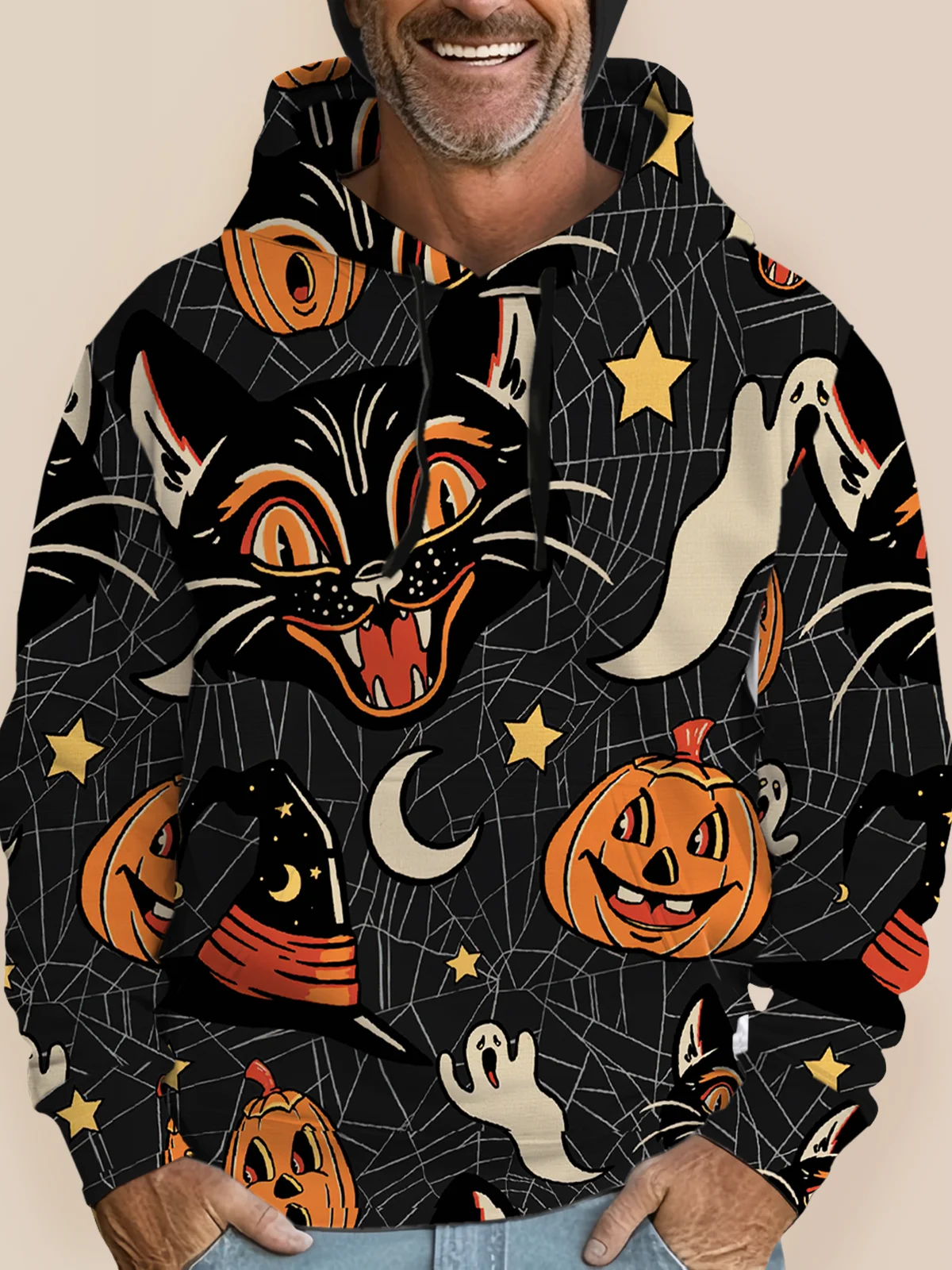 Royaura Halloween Cartoon Men's Black Hoodies Black Cat Spider Pumpkin Spooky Fun Plus Size Knit Pullover Sweatshirts
