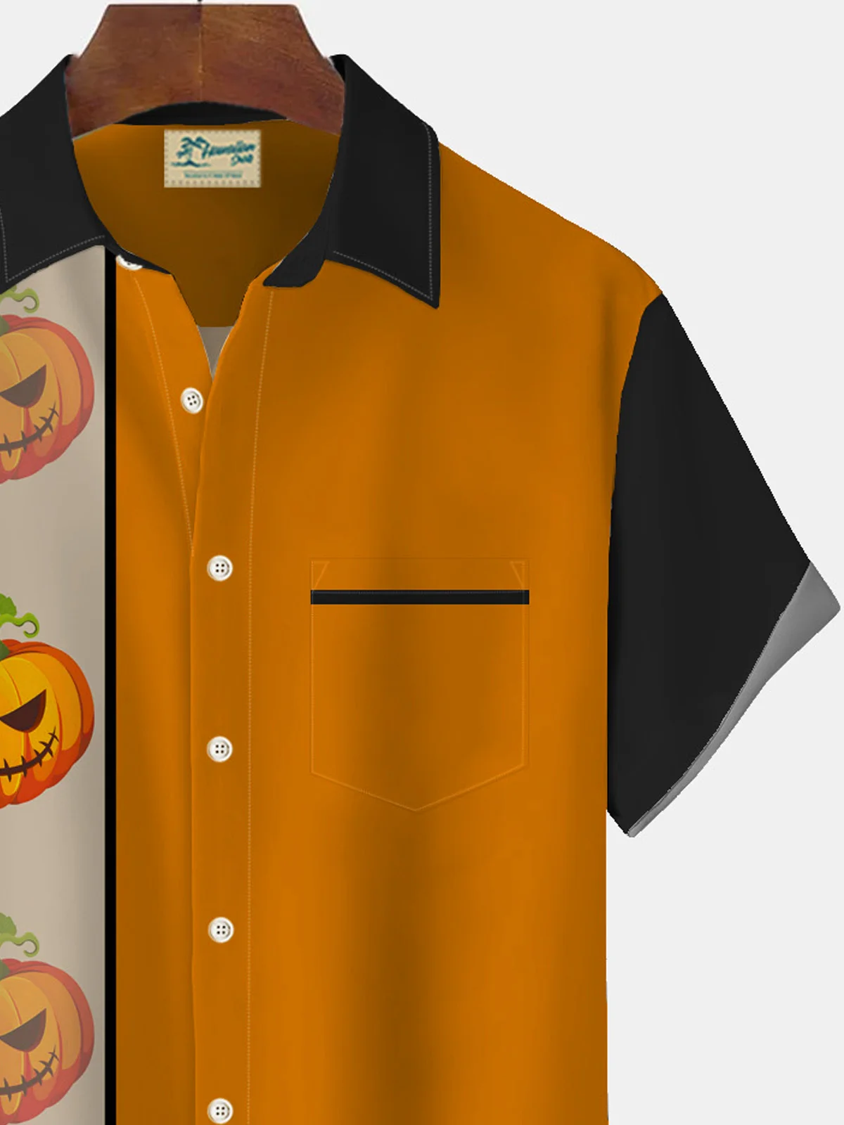 Royaura Halloween Vintage Bowling Pumpkin Print Men's Button Pocket Short Sleeve Shirt