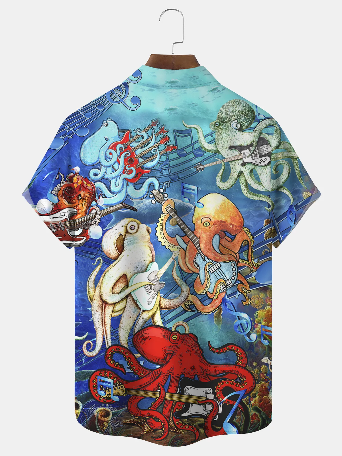Royaura Octopus Musical Guitar Print Beach Men's Hawaiian Oversized Short Sleeve Shirt with Pockets