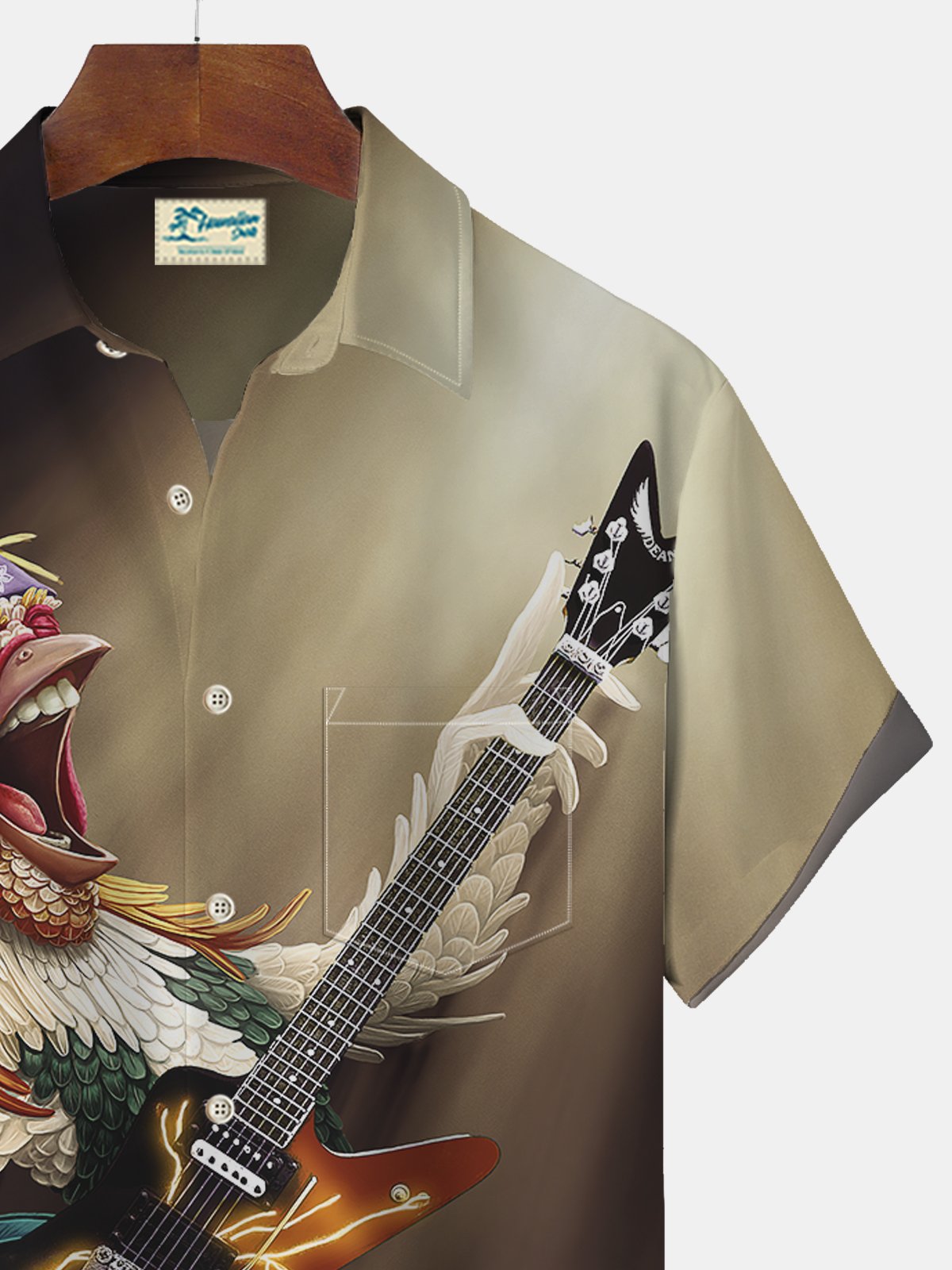 Royaura Rooster Musical Guitar Print Beach Men's Hawaiian Oversized Short Sleeve Shirt with Pockets