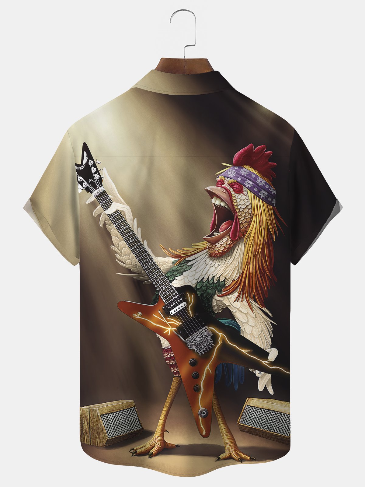 Royaura Rooster Musical Guitar Print Beach Men's Hawaiian Oversized Short Sleeve Shirt with Pockets